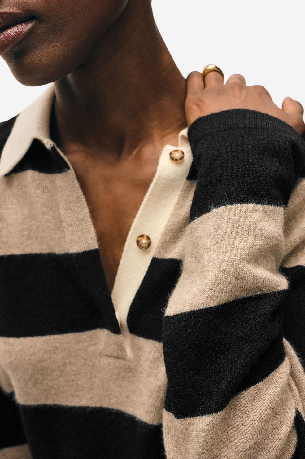 Cashmere Rugby Stripe Polo - Taupe/Black - Image 3