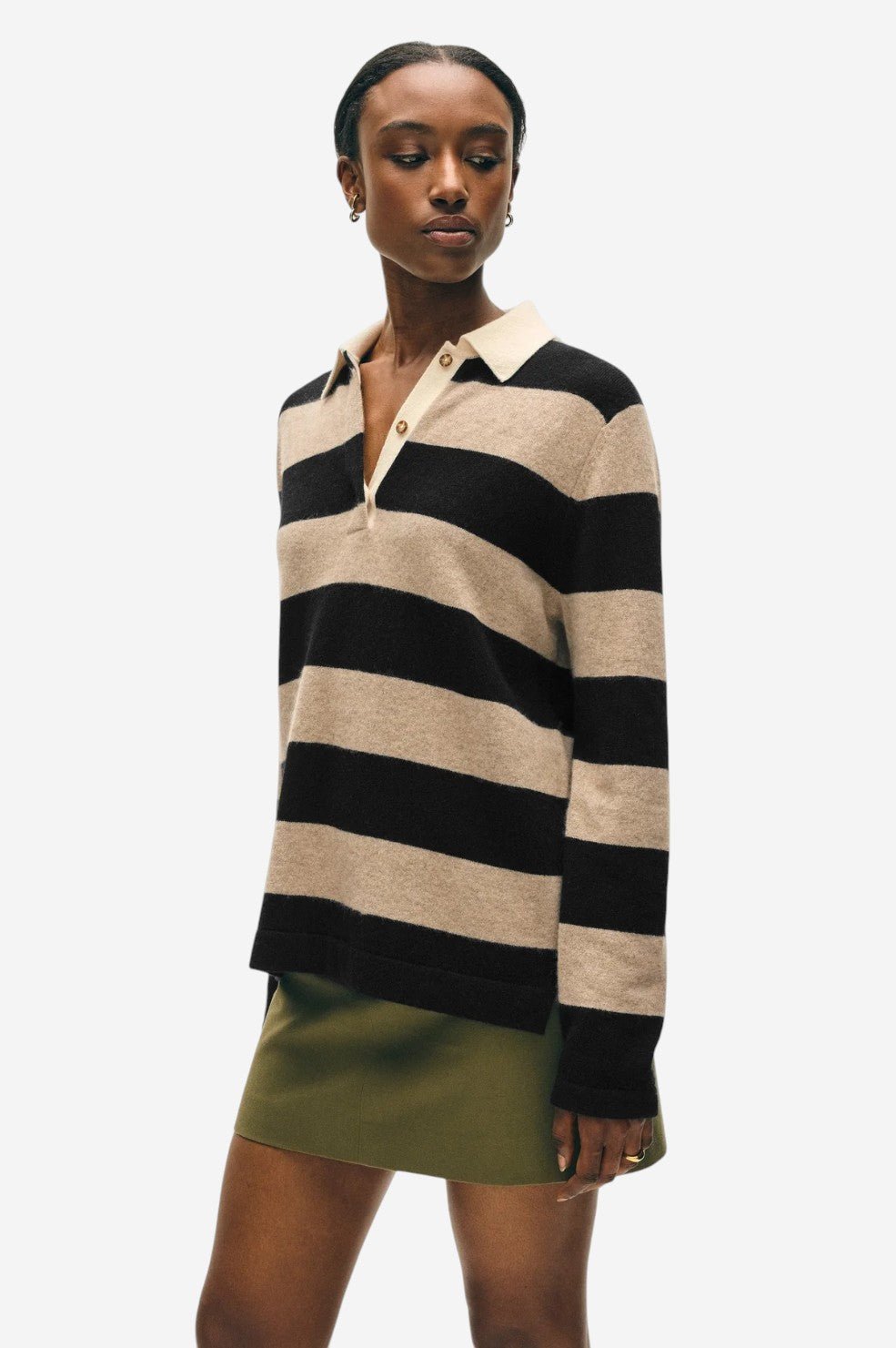 Cashmere Rugby Stripe Polo - Taupe/Black - Image 2